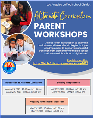 Alternate  Curriculum Parent Workshop flyer English Spanish